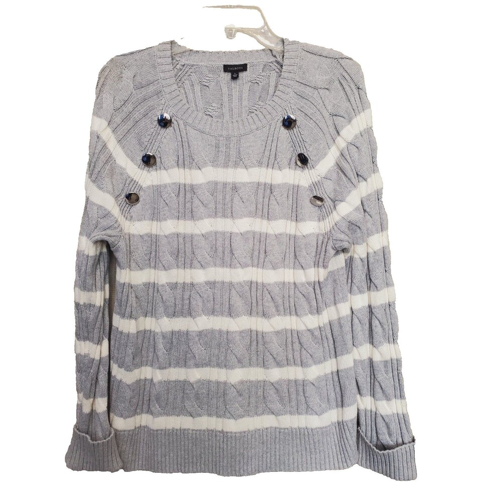 Talbots Cotton Blend Gray Striped Cable-Knit Button-Accent Pullover Sweater LGE